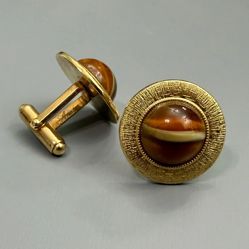 Vintage Anson Gold Saturn Greek Key Textured Cufflinks With Tiger's Eye Glass
